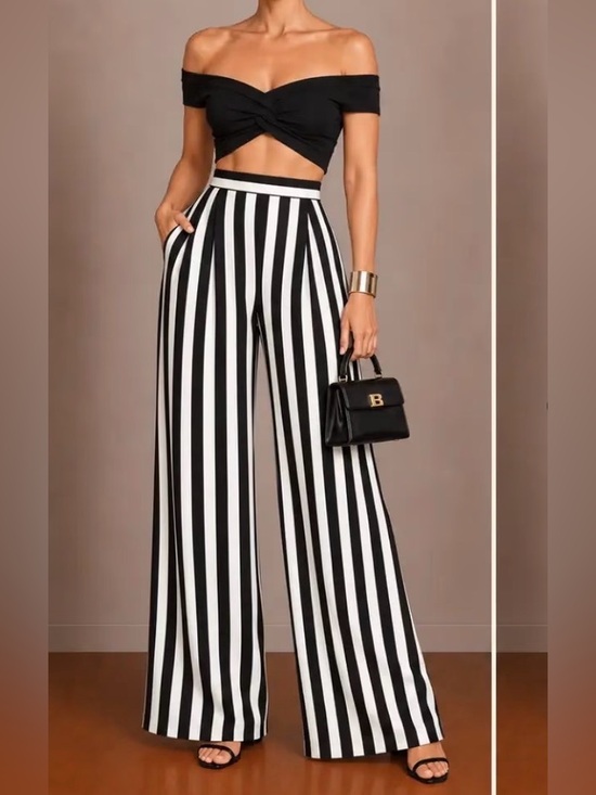 Alice + Olivia Pants - Alice + Olivia Black & Cream Vertical-Stripe Wide-Leg Pants